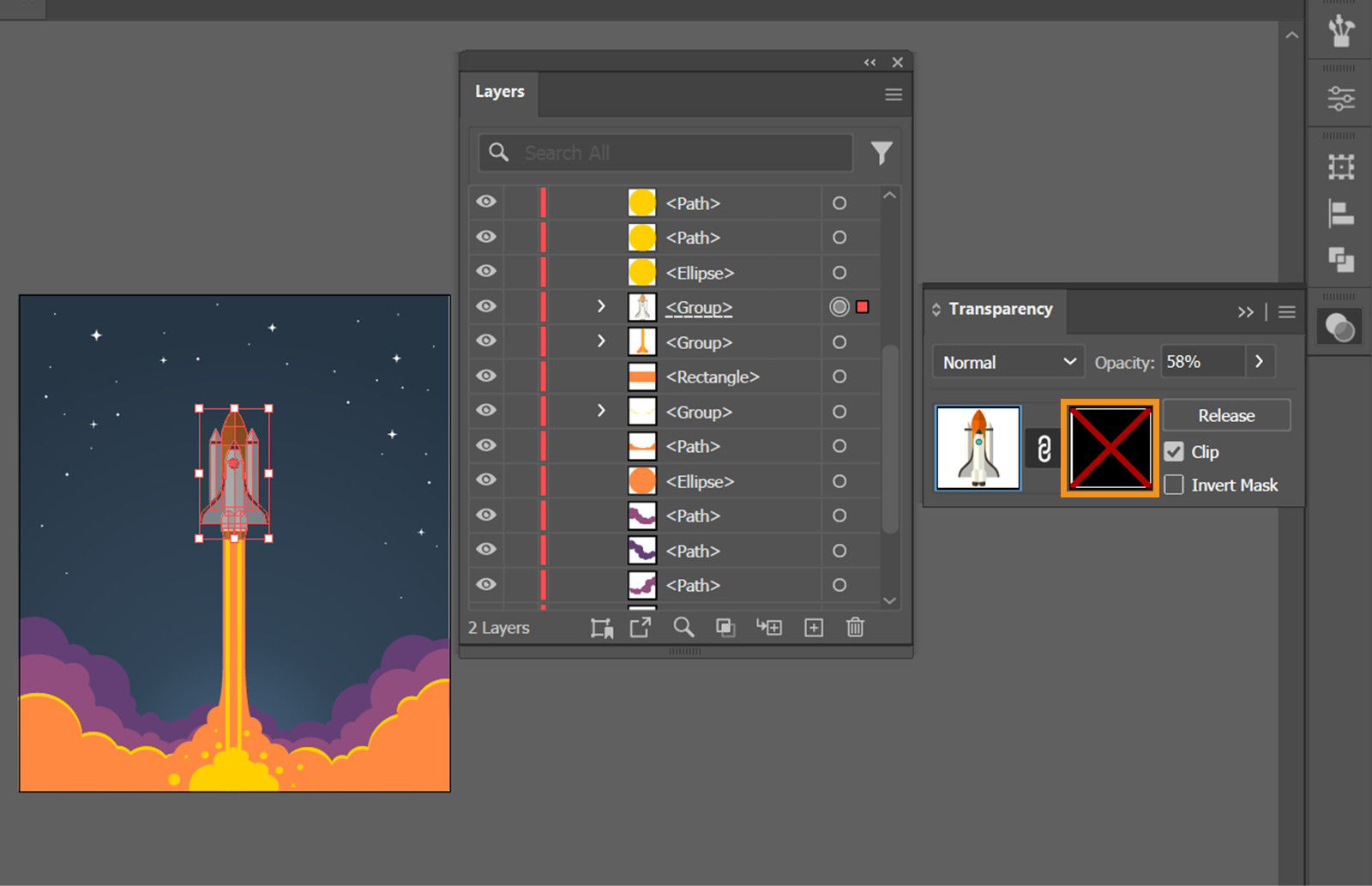 The Transparency panel displays the masking object's thumbnail in deactivated mode, while the Layers panel displays the targeted masked group.