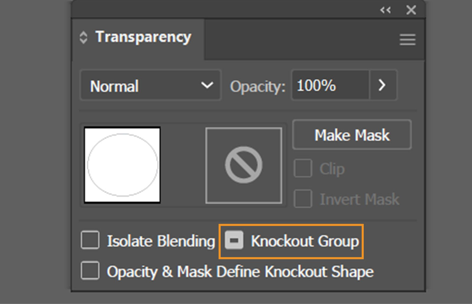 The Transparency panel in Illustrator showing blending and mask options. Prevent blending within a group by enabling the Knockout Group checkbox.
