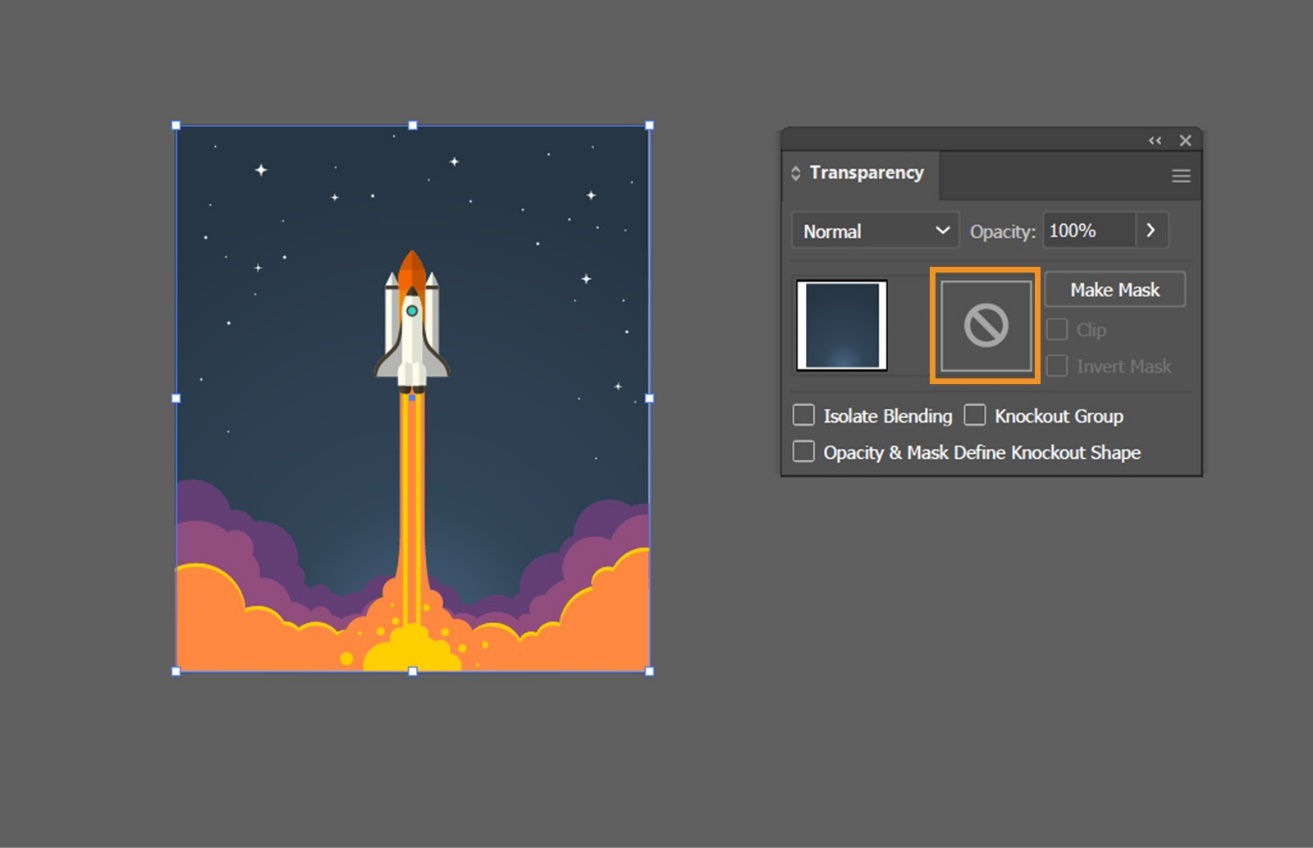 The Transparency panel with a thumbnail placeholder for the masking object highlighted.