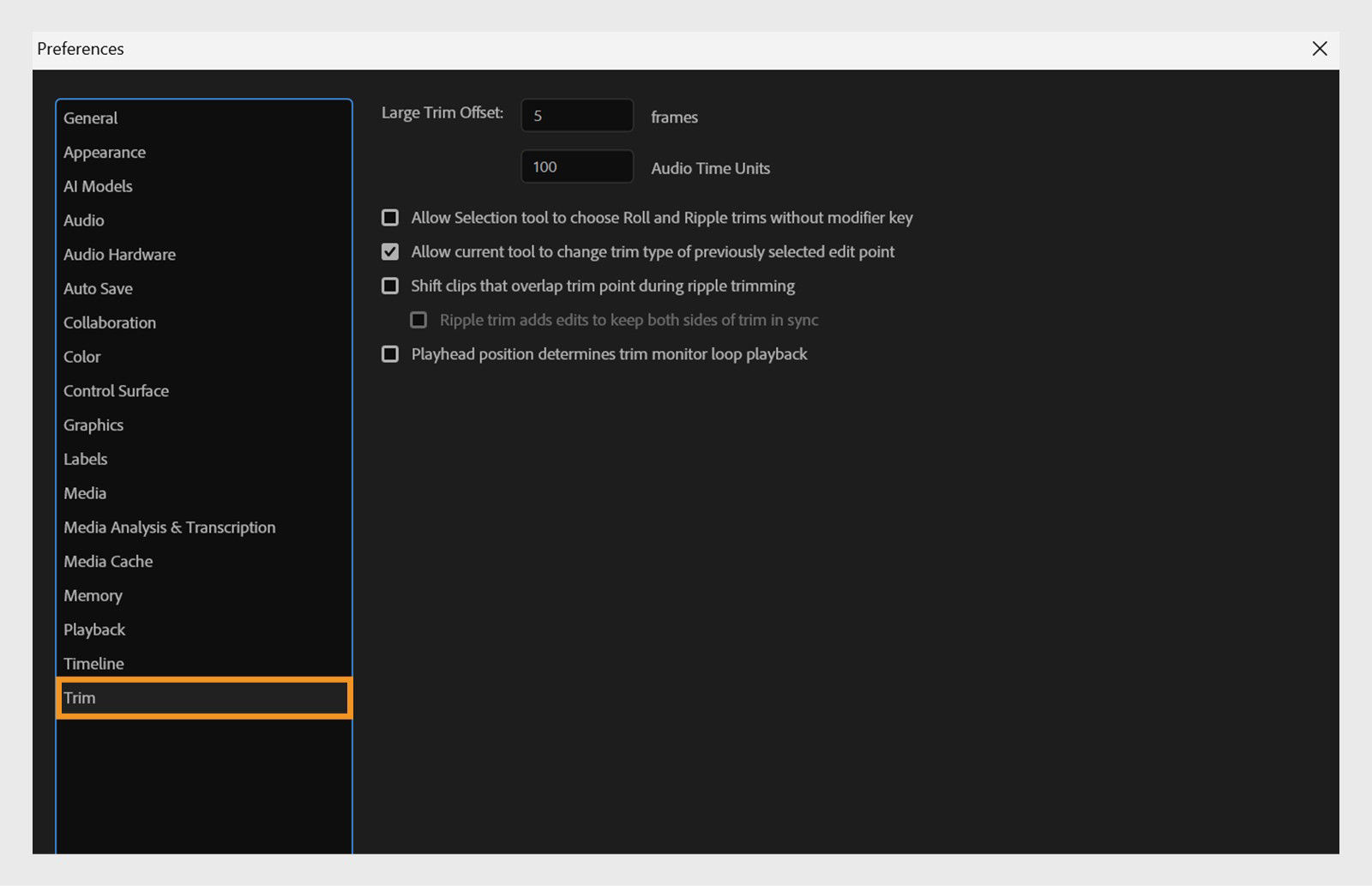 The Preferences dialog is open to the Trim panel, where you can adjust settings that control the behavior of the Trim Monitor and playback during trimming operations in Premiere Pro.