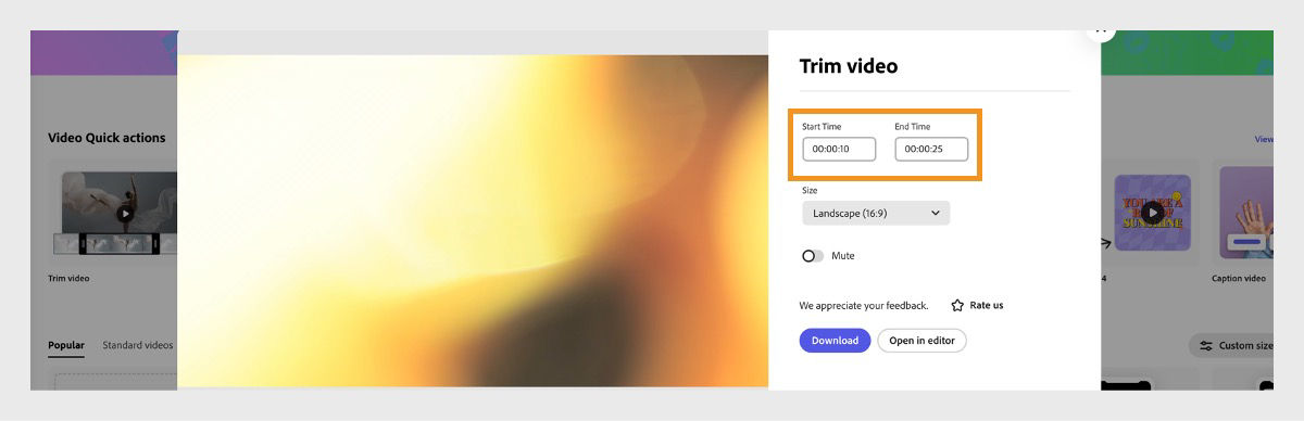 The Trim video prompt is open, and it has multiple options to edit the video from Trim Start Time and End Time, Size, and the option to download the trimmed video.