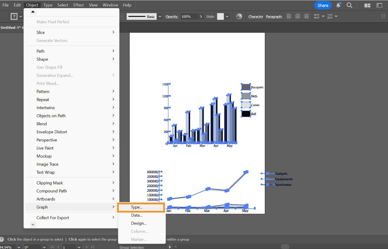 The Type option is highlighted under Graph in the Object menu. Change graph types for selected data groups; 