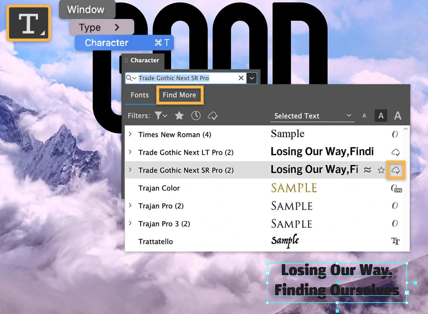 The Type tool is selected and the Window > Type > Character menu displays. The Trade Gothic Next SR Pro font is applied to the text on the cover image.