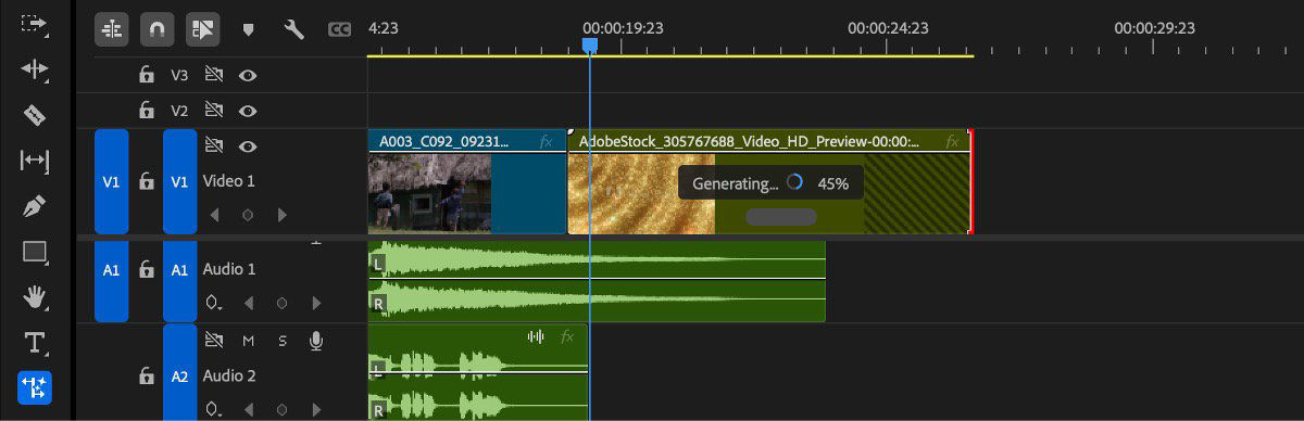 The Timeline panel is open with a clip selected. The Generative Expand feature is used to add additional frames using Generative Extend. The extended section where the new video is getting generated has a loading icon indicating that the clip is being generated. 