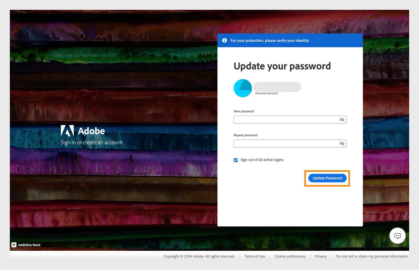 The Update your password window with two fields to enter the new password and the highlighted Update Password button.