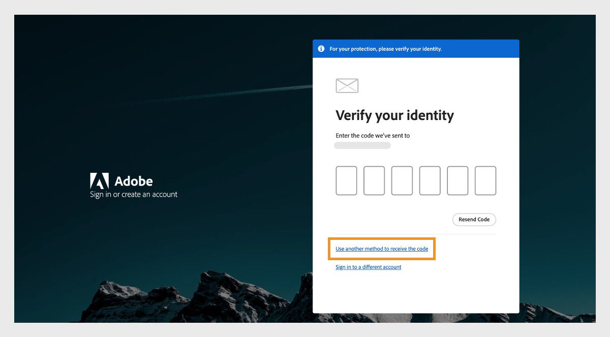 The Use another method to receive the code button offers alternate methods to get a verification code.