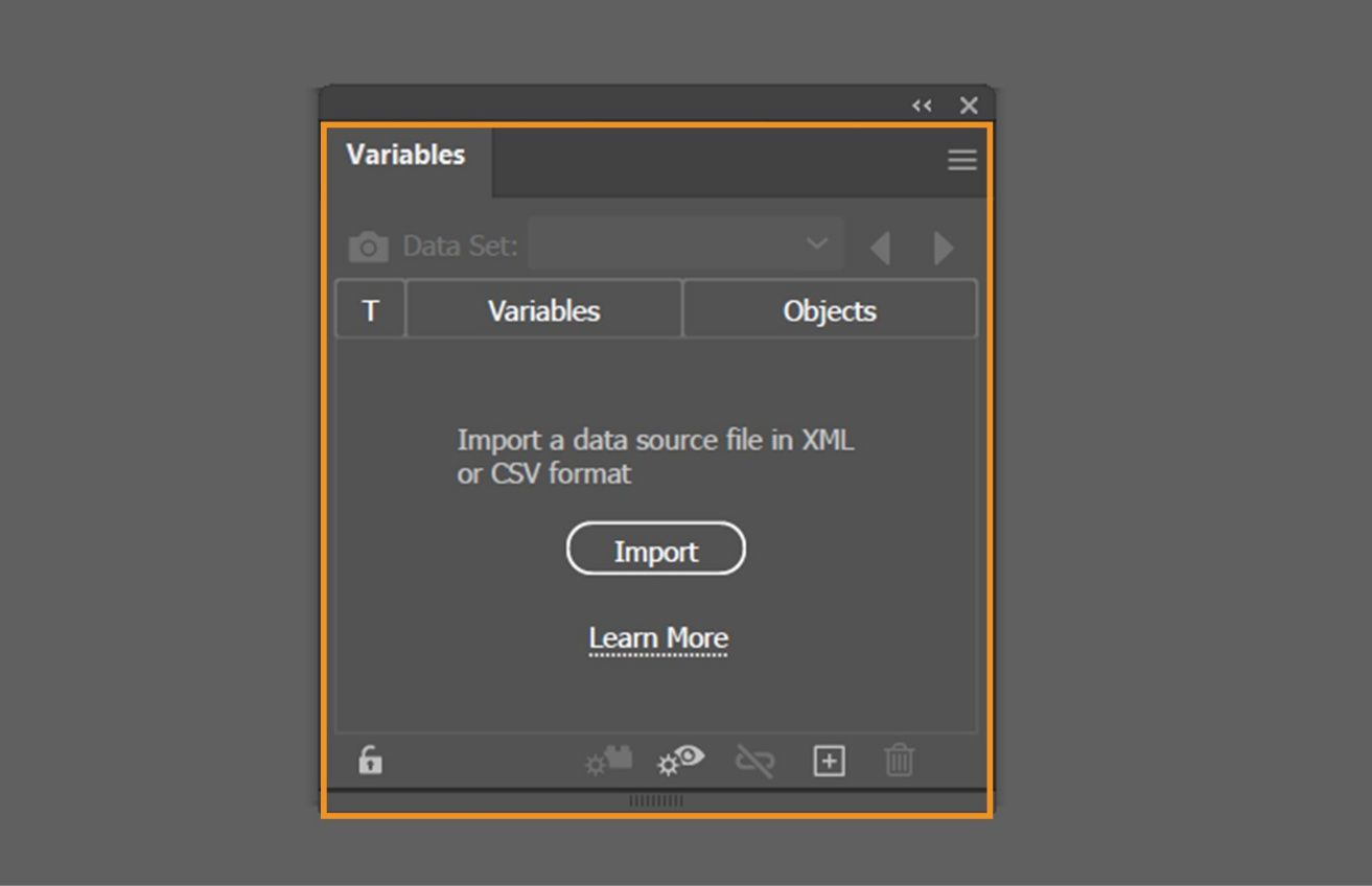 The Variables panel is highlighted, displaying options like Variables, Objects, Import, and many more.