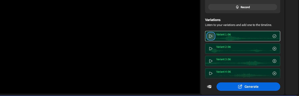 The Variations section in the right panel shows four audio variations with play, check, and add icons.