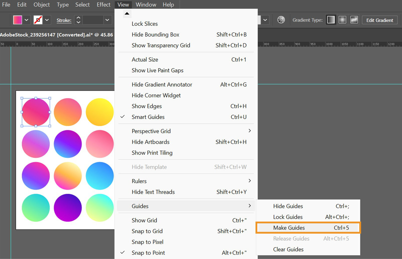 The View menu is displayed on the screen showcasing various Guides options like Hide Guides, Lock Guides, and more.