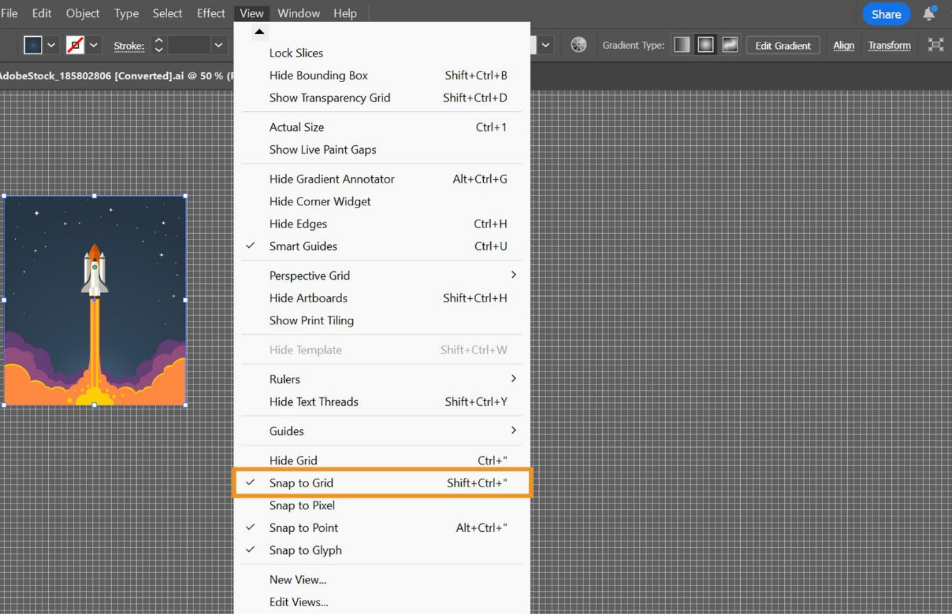 The View menu is displayed on the screen showcasing various options like Snap to Grid, Snap to Pixel, Snap to Point, and more.