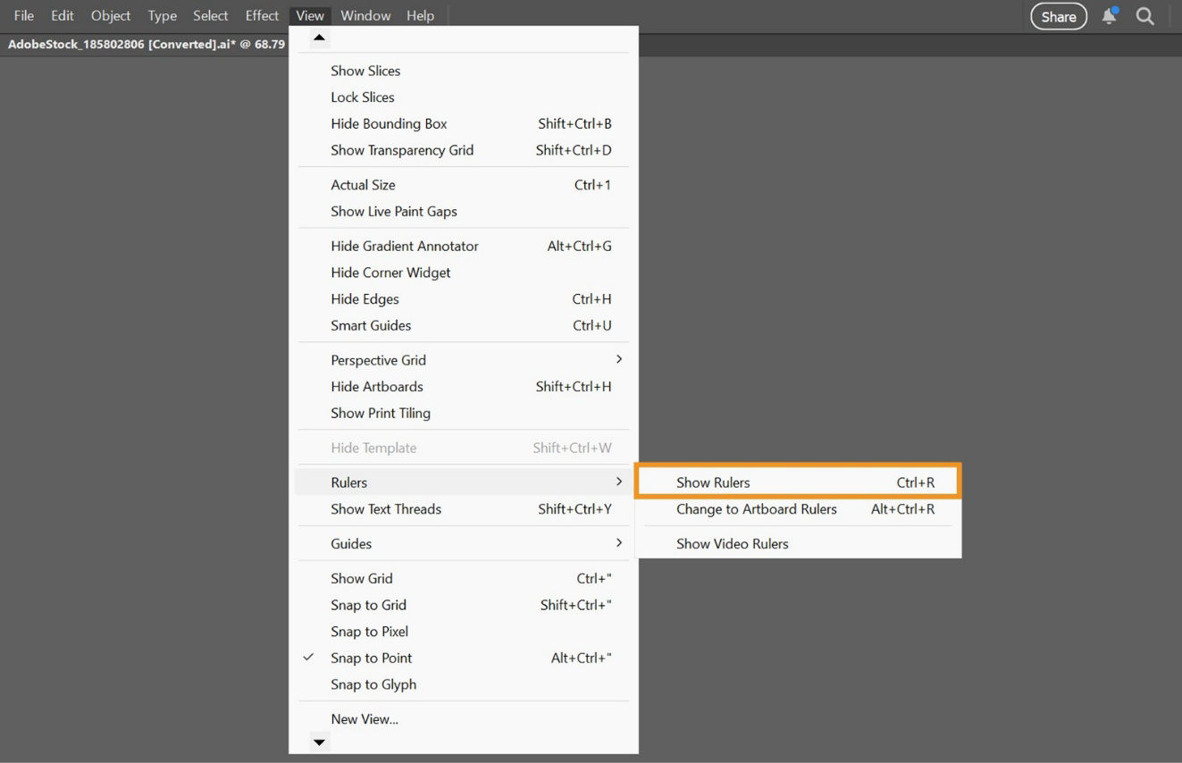 The View menu shows the Rulers menu among other menu items. The Show Rulers option is highlighted under the Rulers menu.
