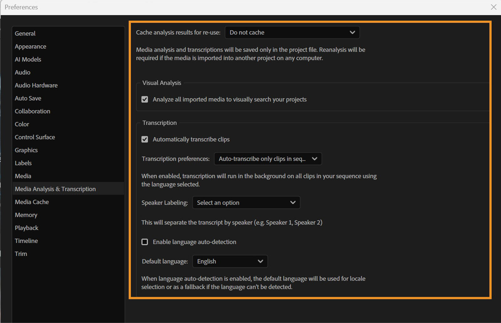 The Preferences dialog is open to the Media Analysis & Transcription panel, showing options for caching analysis results, enabling visual analysis, automatic clip transcription, speaker labeling, and setting the default language.