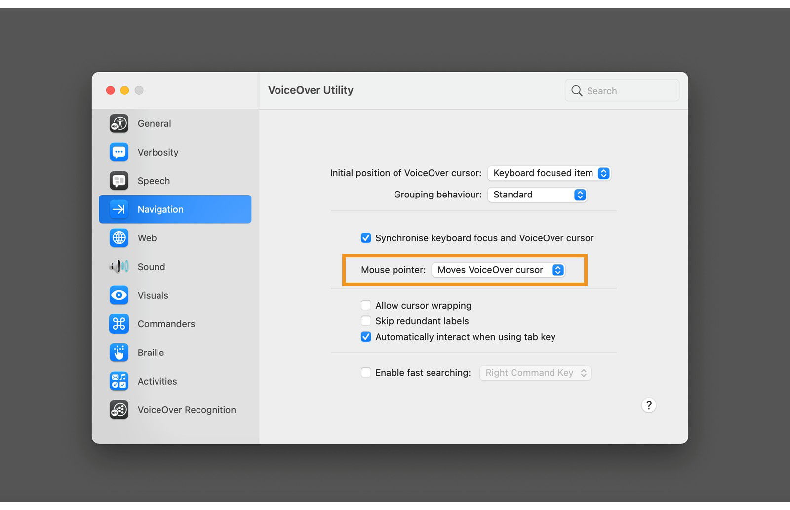 The VoiceOver Utility window displays VoiceOver cursor settings in the Navigation tab.
