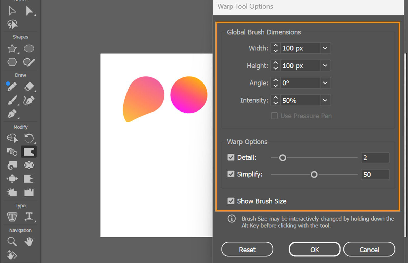 The Warp Tool Options dialog box displays the Global Brush Dimensions options and Warp Options checkboxes. 