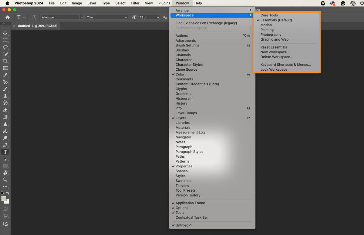 The Window > Workspace menu shows options to select or reset the Essentials workspace.
