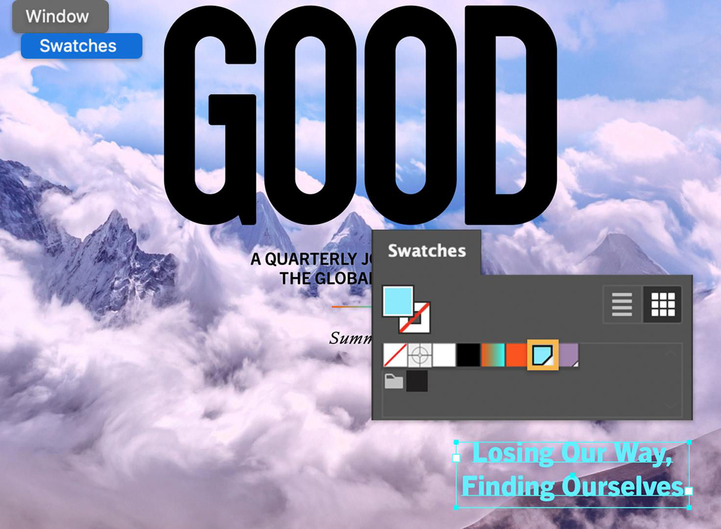 The Window > Swatches menu is selected and the cyan swatch is selected and applied to the text.