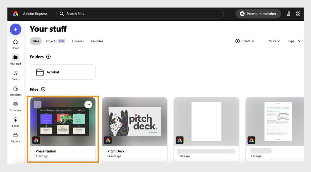 The Your stuff page of Adobe Express displays the list of recent files you have edited.