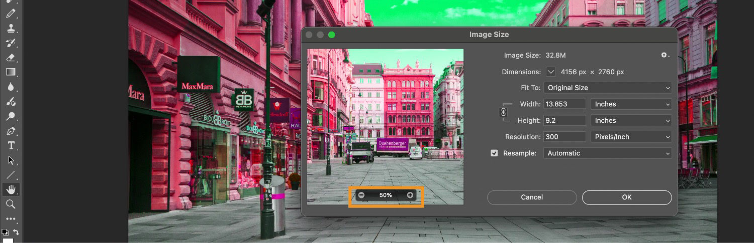 The Zoom in and Zoom out button is highlighted in the Image size dialog box, along with additional settings such as image size, dimension, fit to, height, width, and so on.