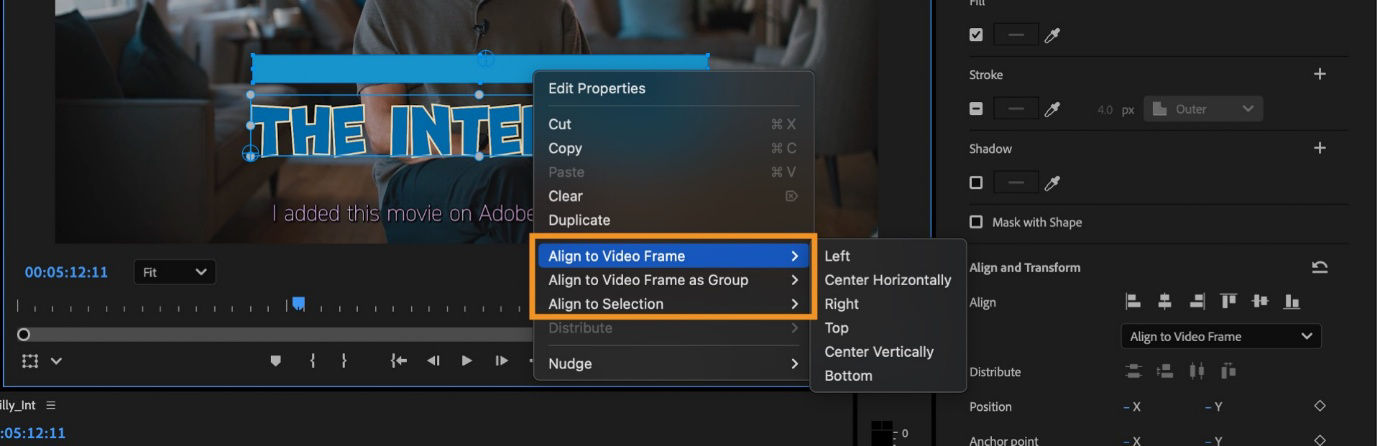 The alignment options Align to Video Frame, Align to Video Frame as Group, and Align are displayed. Use these options to align selected text or shape layers.