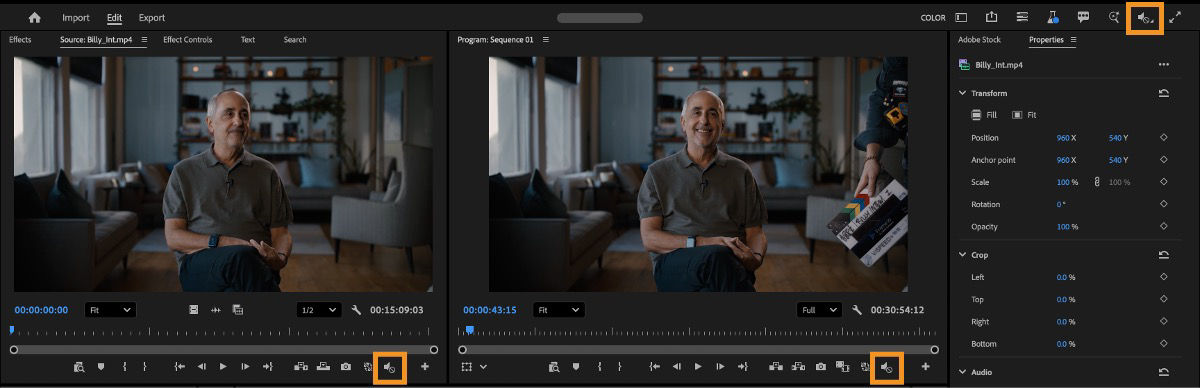 The Audio mute button is highlighted in the menu bar as well as in the Source and Program Monitors.