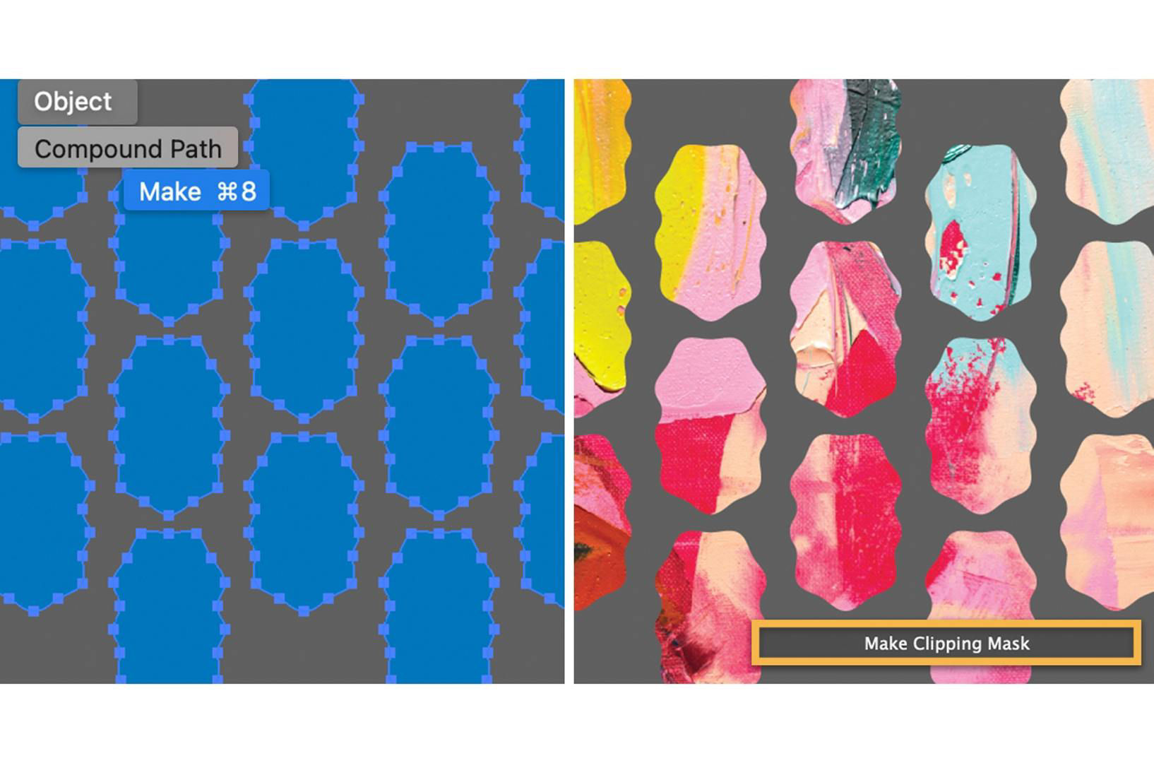 The blue shapes on the left are converted to a compound path. On the right, they are made into a clipping mask and the painting shows through.