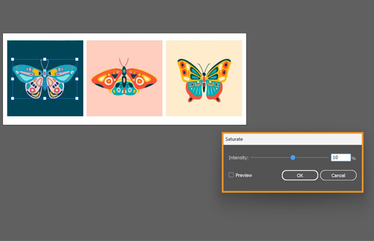 The canvas dispays an artwork and a Saturate dialog box with Intensity slider and a Preview Checkbox.