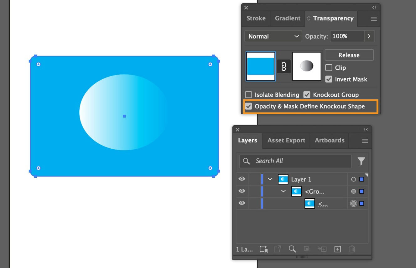 The canvas displays a knocked-out shape, Layers panel, and the Transparency panel open with the Opacity & Mask Define Knockout Shape option selected.