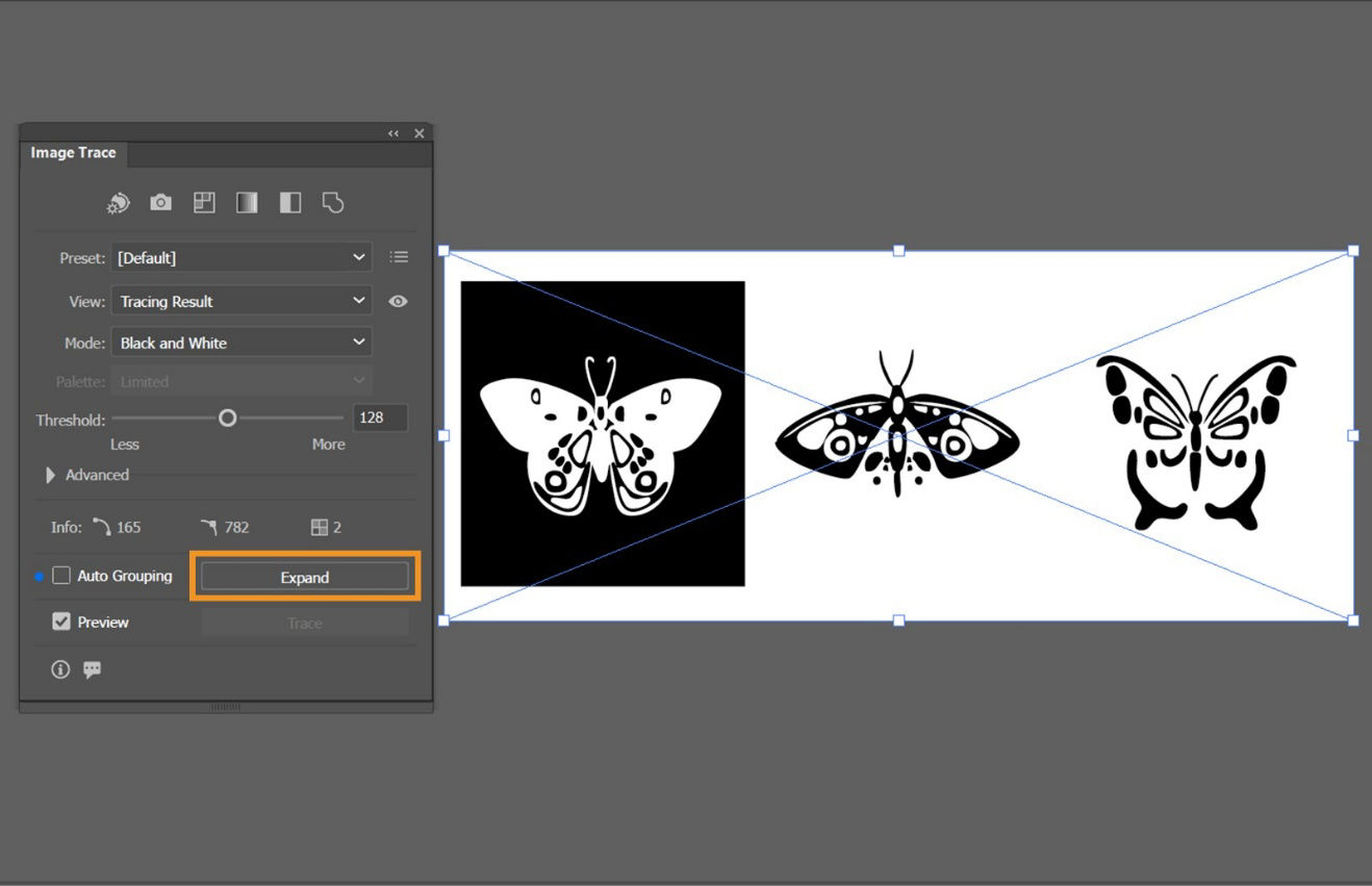 The canvas displays a trace result and Image Trace panel with highlighted Expand option among others.