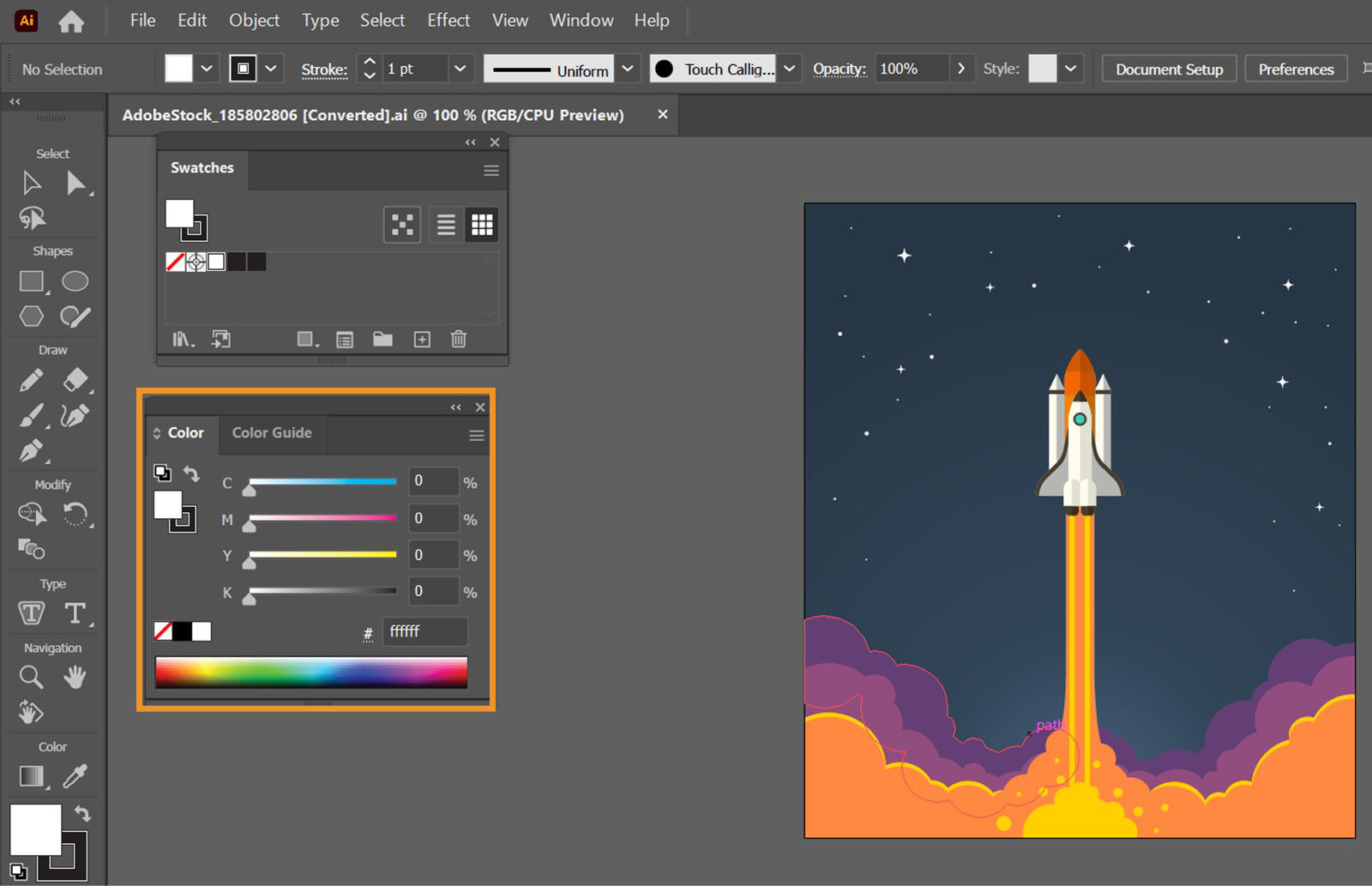 The canvas displays an artwork, a swatches panel and a highlighted color panel.