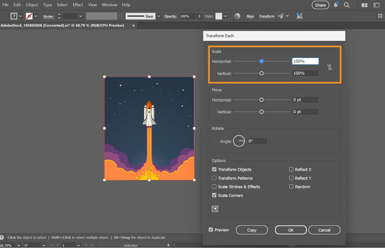 The canvas displays an artwork, and the Transform Each panel shows highlighted Horizontal and Vertical scale sliders, along with other available settings.