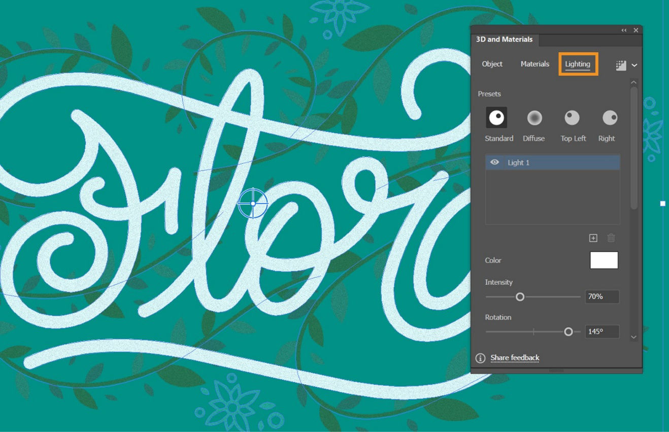 The canvas displays an artwork and the 3D and Materials panel with highlighted Lightning tab.