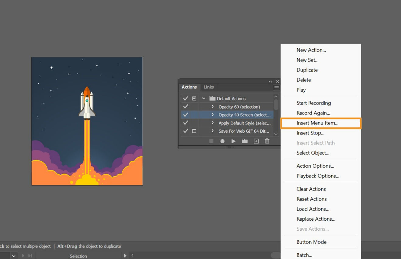 The canvas displays an artwork and the Actions panel menu. The Actions panel menu displays highlighted Insert Menu Item option among others.