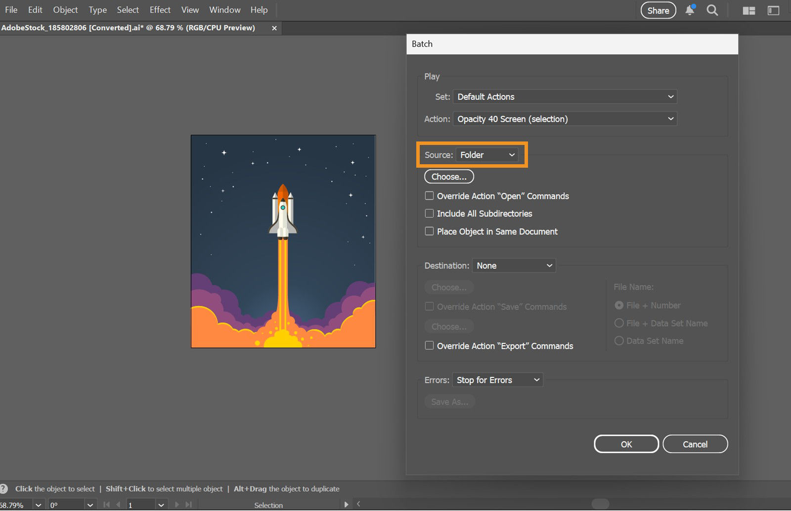 The canvas displays an artwork and the Batch dialog box with highlighted Source option.