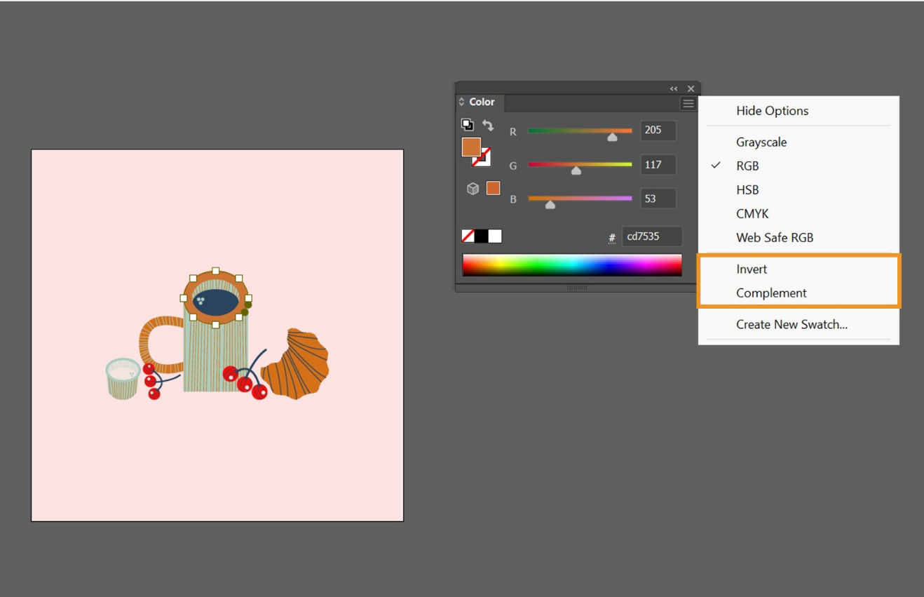 The canvas displays an artwork and the Color panel menu with Invert and Complement options highlighted.