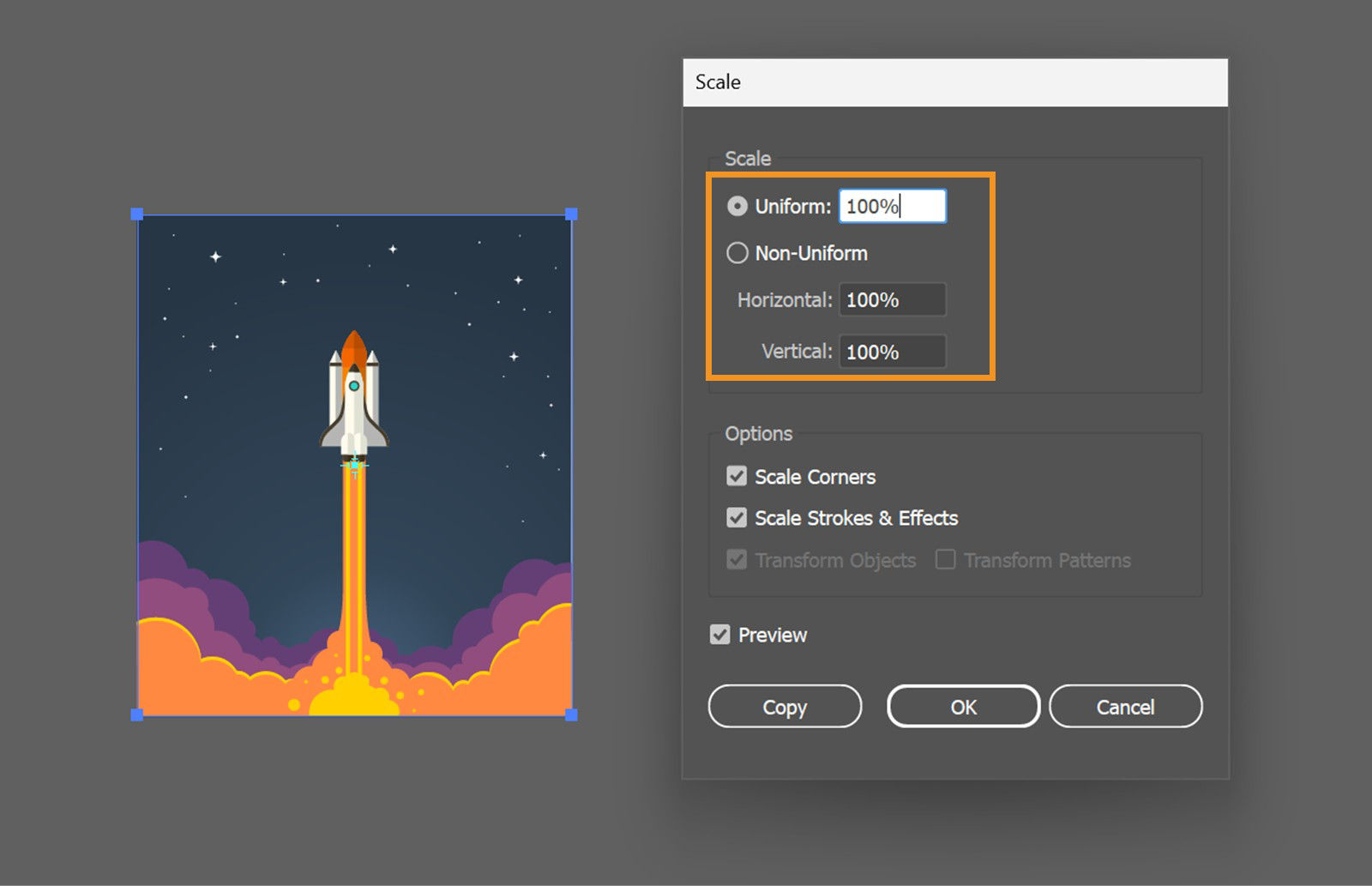 The canvas displays an artwork and the Scale dialog box with Uniform and Non-Uniform options highlighted among other scaling options.