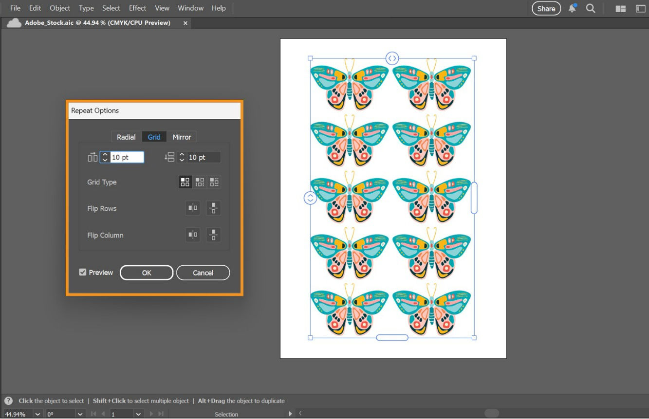 The canvas displays grid artwork and the Repeat Options dialog box which has the following options under the Grid tab: Vertical spacing in grid, Horizontal spacing in grid, Grid Type, Flip Rows, Flip Column, and Preview.
