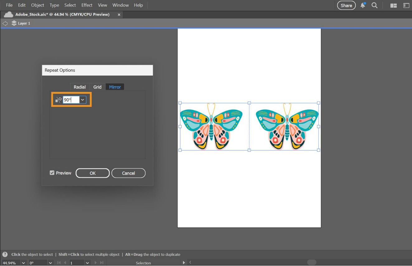 The canvas displays mirror repeat artwork and the Repeat Options dialog box, which has the Angle of mirror axis menu highlighted.