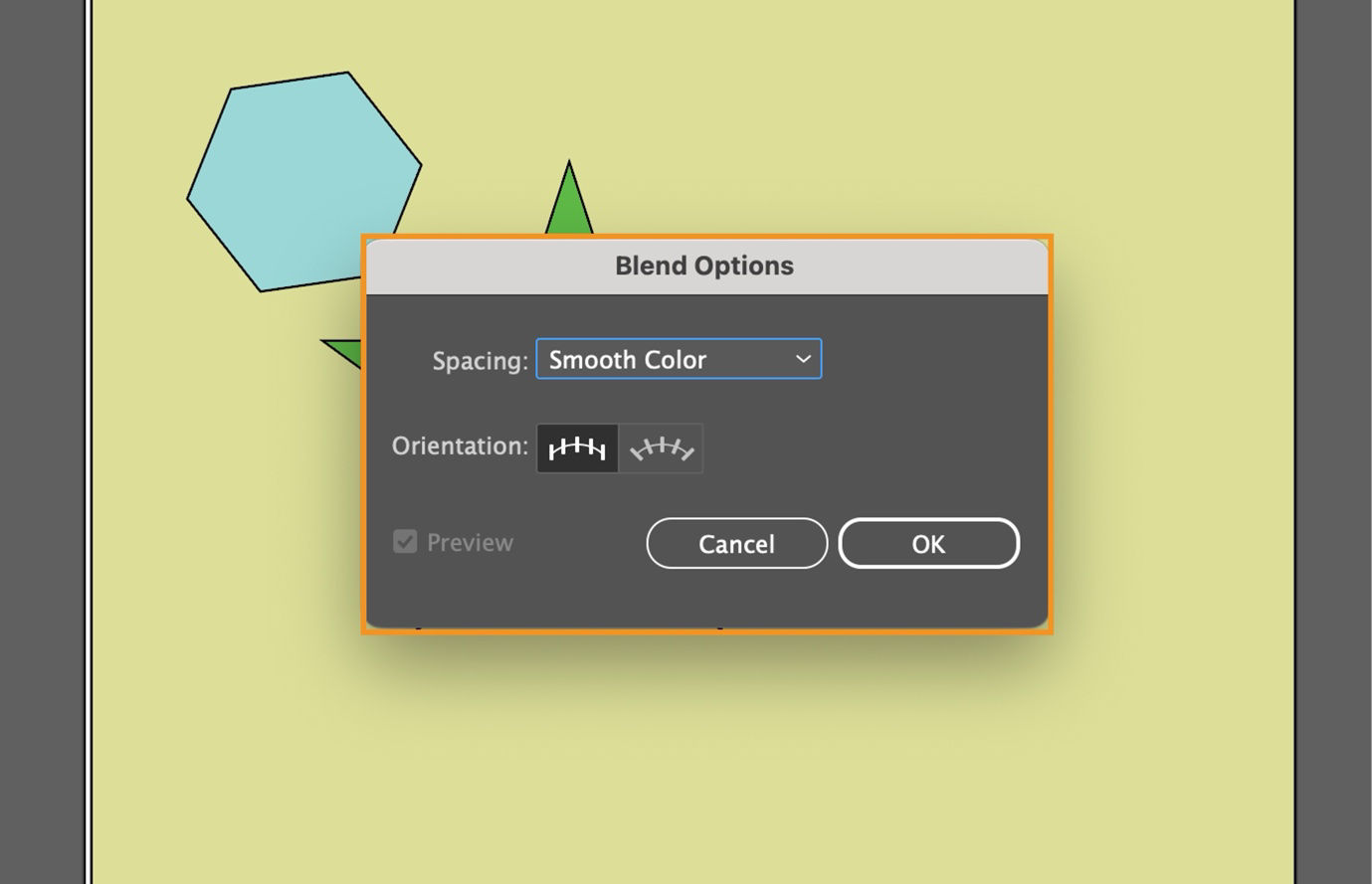 The canvas displays the Blend Options dialog box with Spacing and Orientation options.