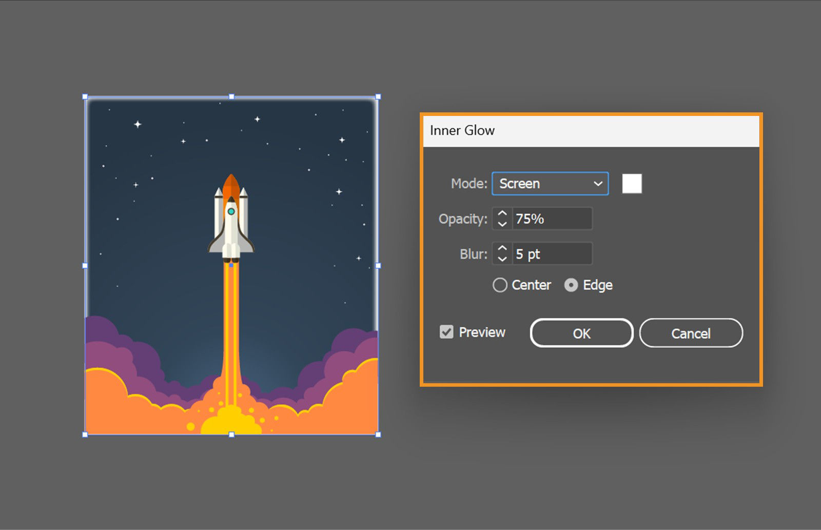 The canvas shows the Inner Glow dialog box highlighted.