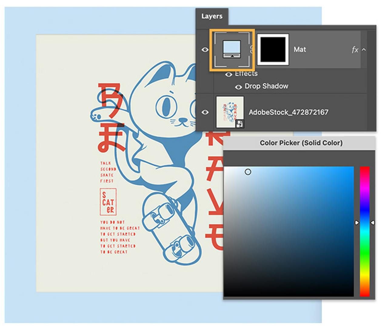 The cat artwork and the Photoshop Layers panel and Color Picker with a new color selected to match the mat to the art.