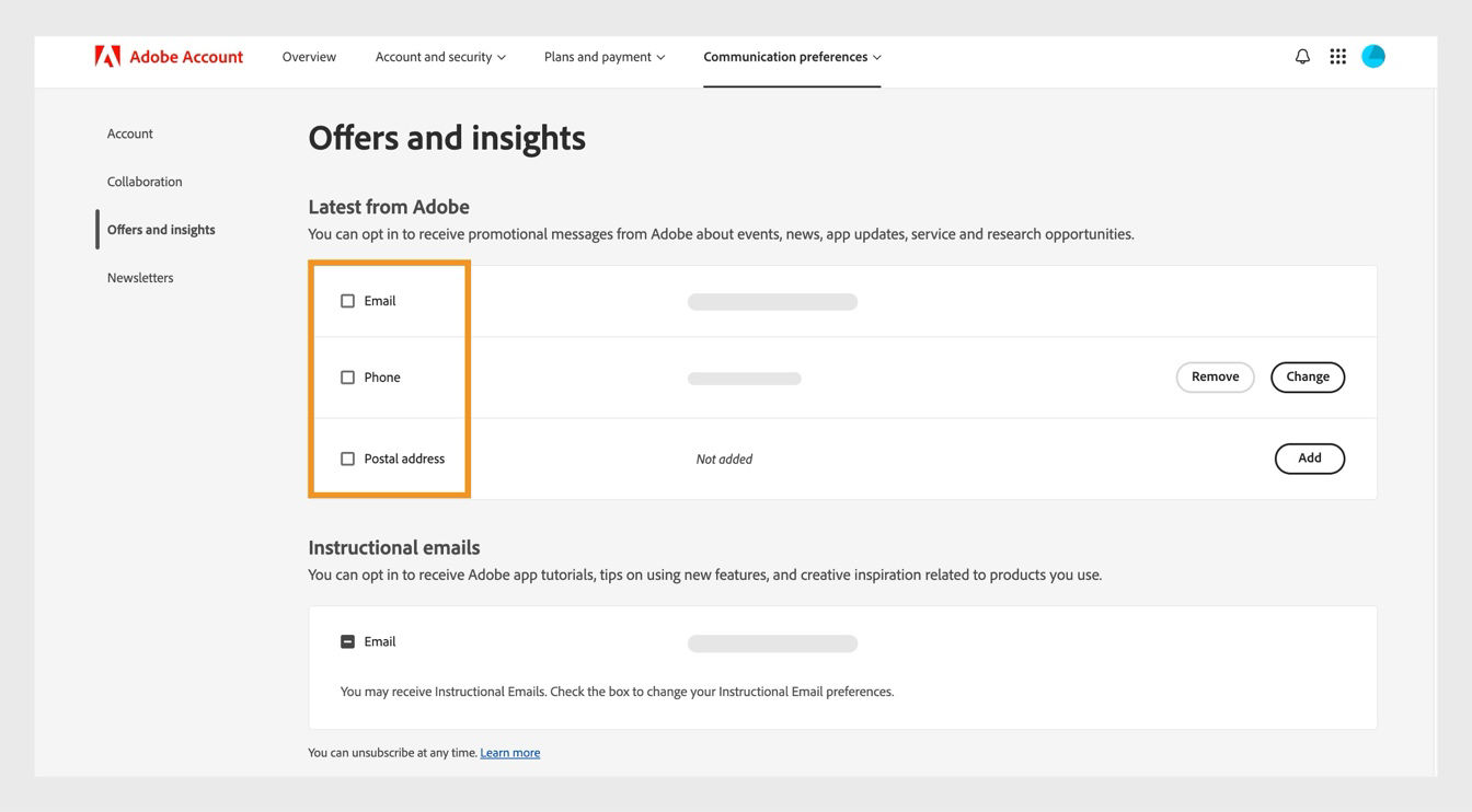 The checkboxes, located next to the communication methods such as Email, phone, and postal address, allow you to opt in to receive marketing communication.