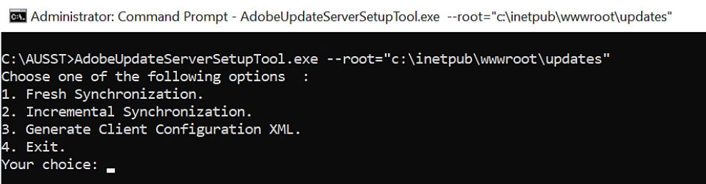 The command prompt shows a menu with four options: fresh synchronization, incremental synchronization, generate client configuration XML, and exit.