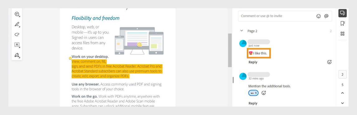 The comments panel displays comments with emoji reactions and reactions to comments.
