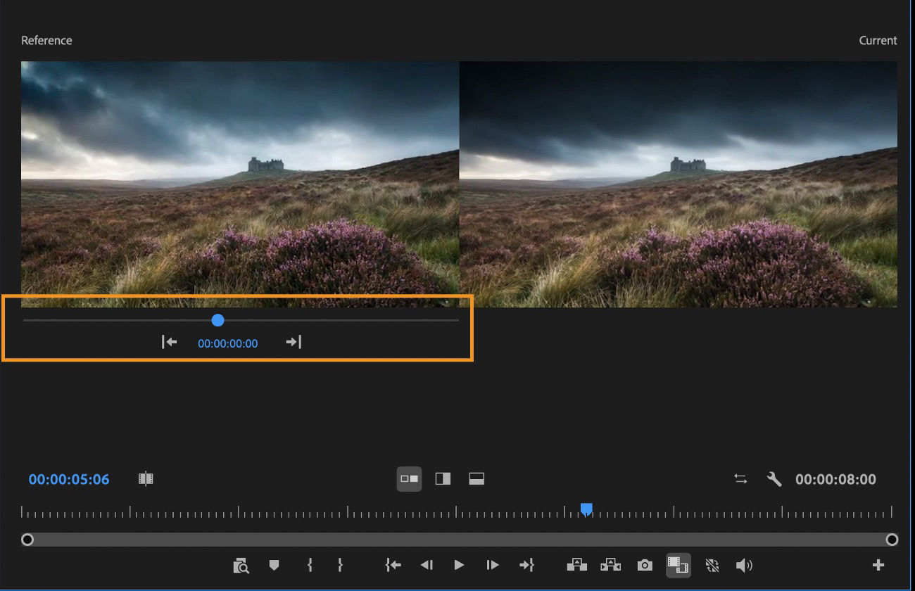 The comparison view is open in Program Monitor and there are options to use and compare different shots.