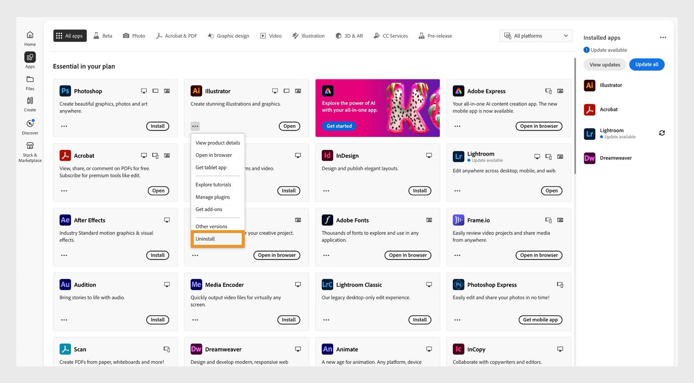 The context menu for a Creative Cloud app including options to open in browser and uninstall. 