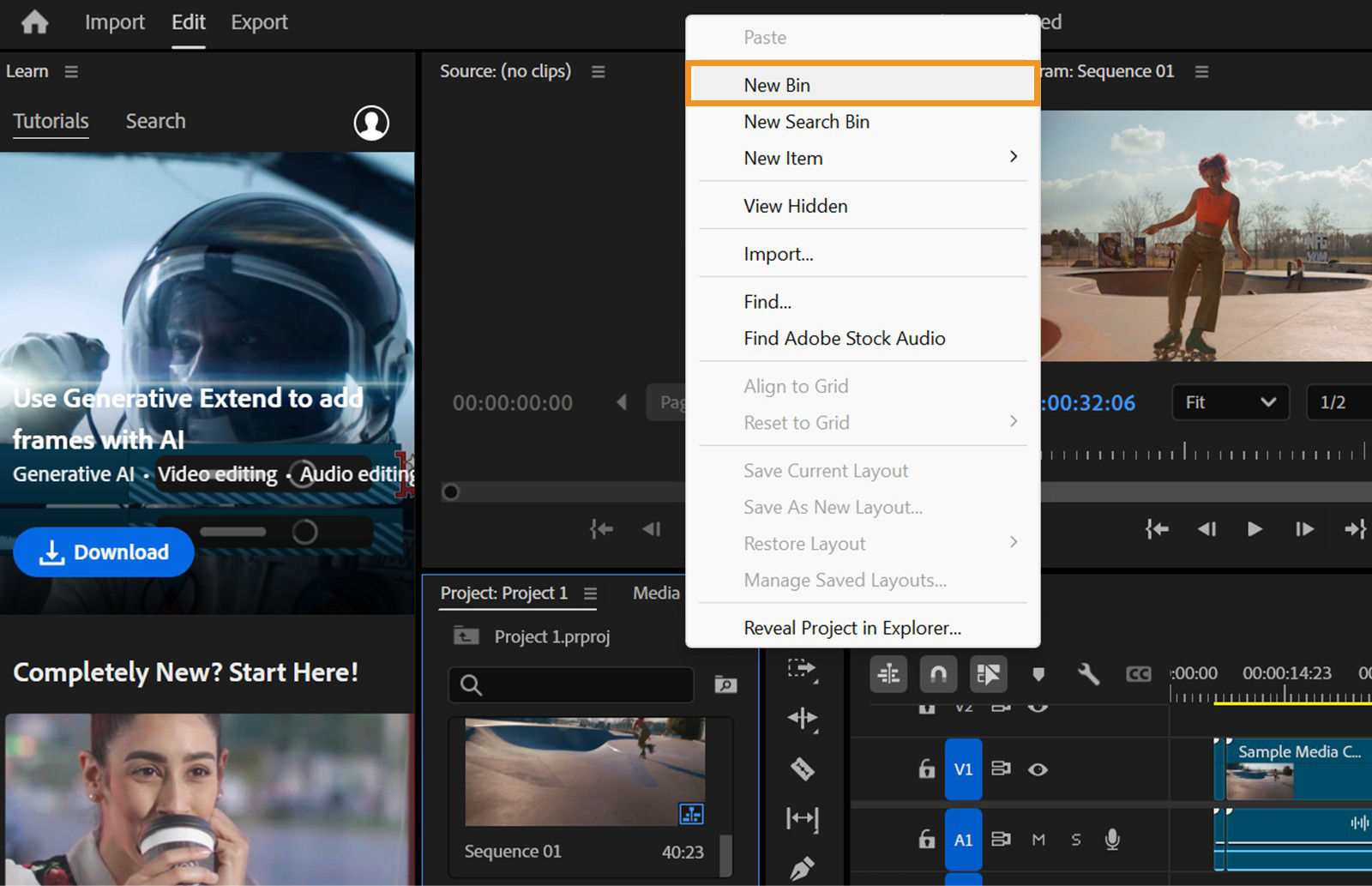 The context menu is open with options including New Bin, New Item, Import, and more. 