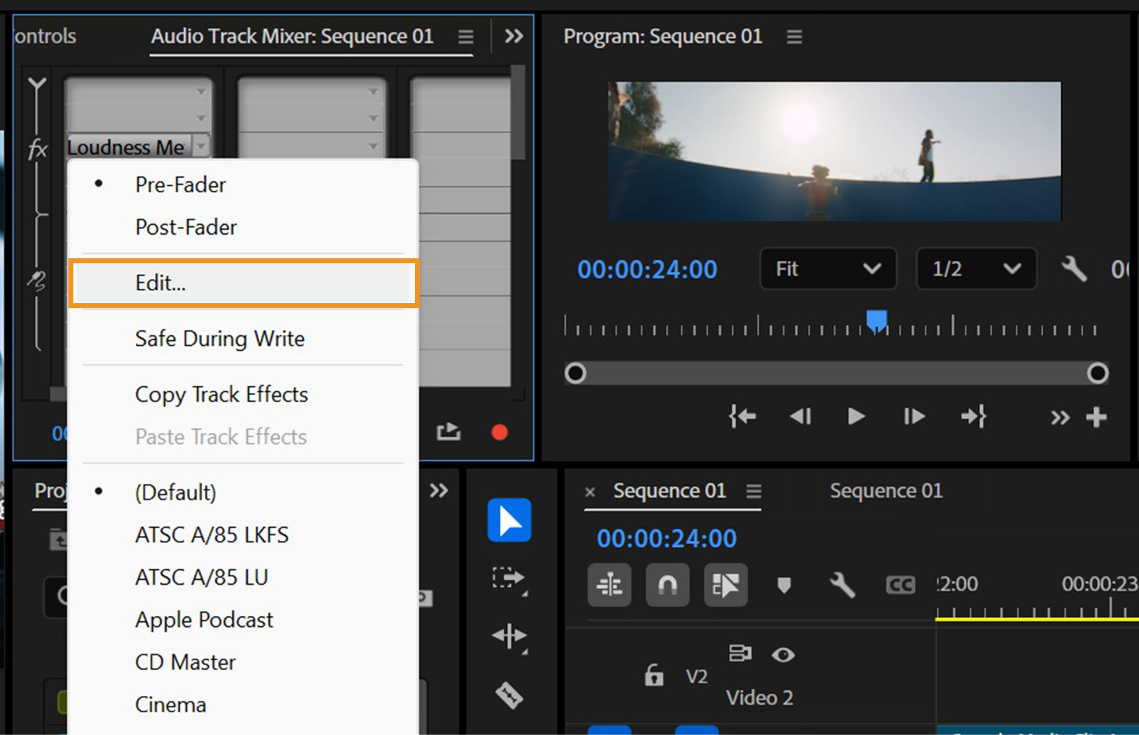 The context menu of Loudness Meter is dropped down in the Audio Track Mixer.