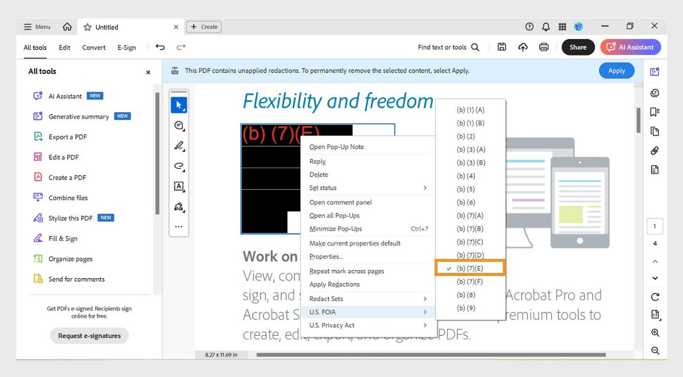 The context menu of the redaction marker shows a code entry selected in the code set menu.