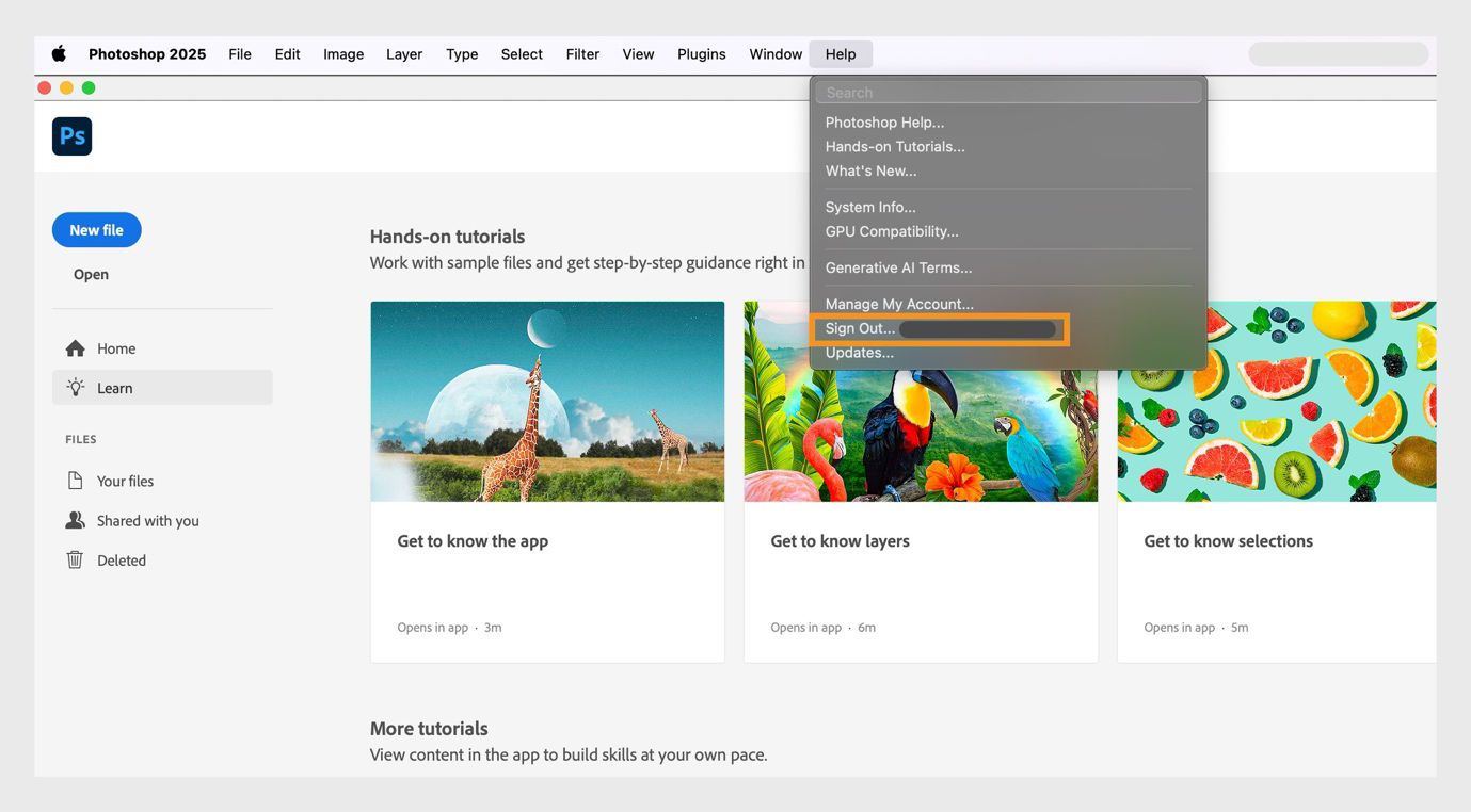 The context menu under Help shows multiple options, such as the options to view system info, check what’s new, access help content, and sign out or deactivate. 