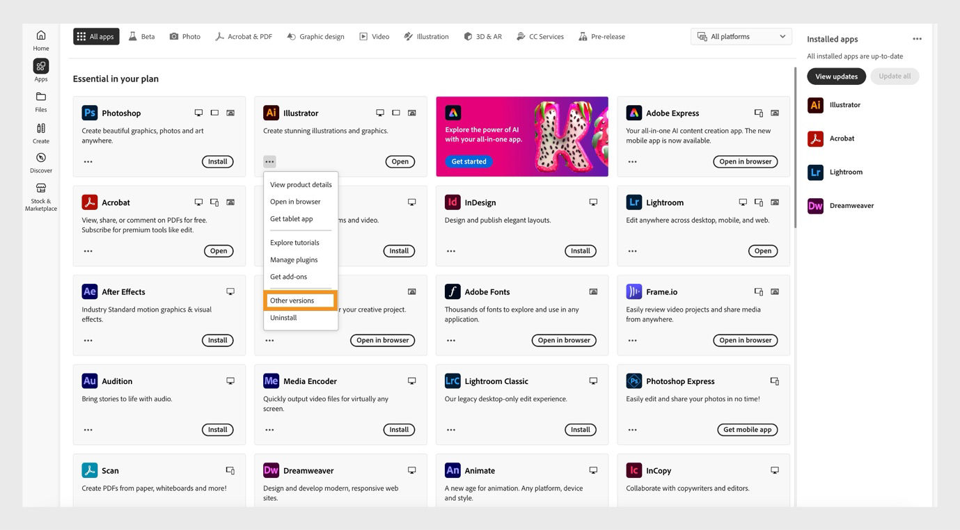 The context menu under more actions shows options to open in browser, get add-ons, view product details, get other versions, and more.